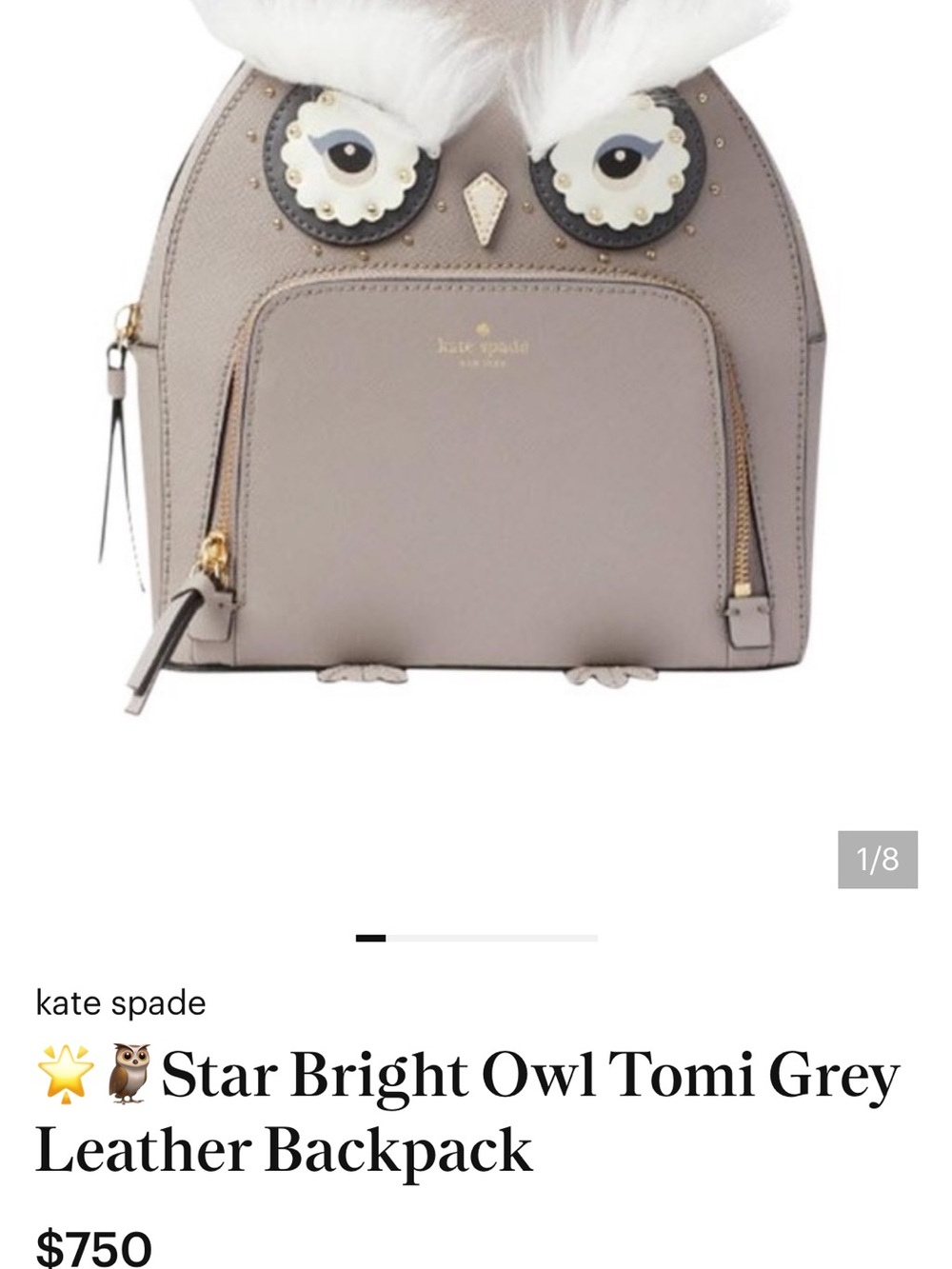 kate spade taupe leather owl backpack with cream fur trim - Picture 4 of 4